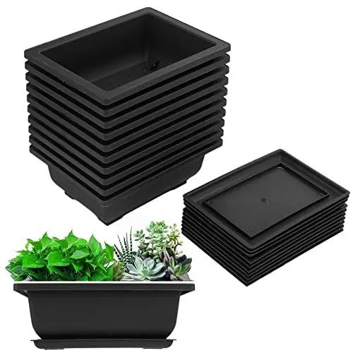Produktbild: Liseng 10 Stück rechteckige Blumentöpfe mit 10 Tabletts, 16 x 12 x 6 cm, Bonsai-Topf mit Untersetzer, Bonsai-Töpfe aus Kunststoff, Kleiner Topf für Garten, Hof, Wohnzimmer, Balkon