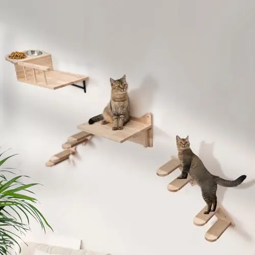 Produktbild: LitaiL Kletterwand Katzen aus Massivholz, Katzen Kletterwand Set mit Katzennapf Wand, Katzenliege und Katzentreppe für Wand, Extra Stabile Katzen Wandelemente, 6-teilig, Bis 25KG