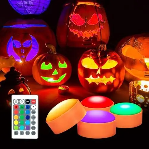 Produktbild: Litake Halloween Kürbis Lichter, 4PCS Jack O' Laterne LED Licht mit Fernbedienung und Timer 16 Farben Batteriebetriebene Flammlose Kerzen für Kürbis Halloween Deko