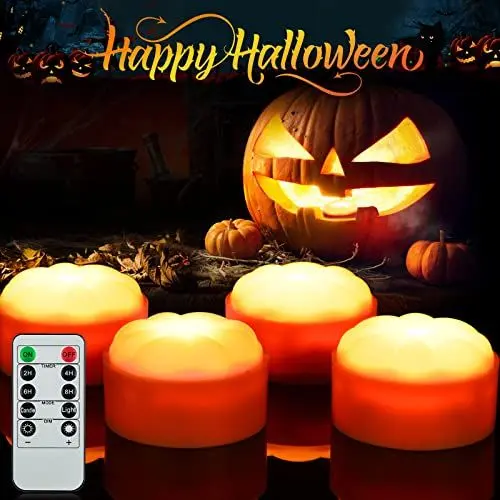 Produktbild: Litake Halloween Kürbis Lichter, 4 Stück LED Jack-O-Lantern Lichter Außen Batteriebetriebene Flammlose Flackernde Kerzen Warmweiß mit Fernbedienung und Timer Teelichter für Kürbis Halloween Deko