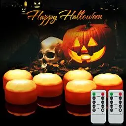 Produktbild: Litake Halloween Kürbis Lichter, 6 Stück LED Jack-O-Lantern Lichter Außen Batteriebetriebene Flammlose Flackernde Kerzen Warmweiß mit Fernbedienung und Timer Teelichter für Kürbis Halloween Deko