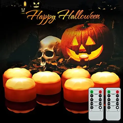 Produktbild: Litake Halloween Kürbis Lichter, 6 Stück LED Jack-O-Lantern Lichter Außen Batteriebetriebene Flammlose Flackernde Kerzen Warmweiß mit Fernbedienung und Timer Teelichter für Kürbis Halloween Deko