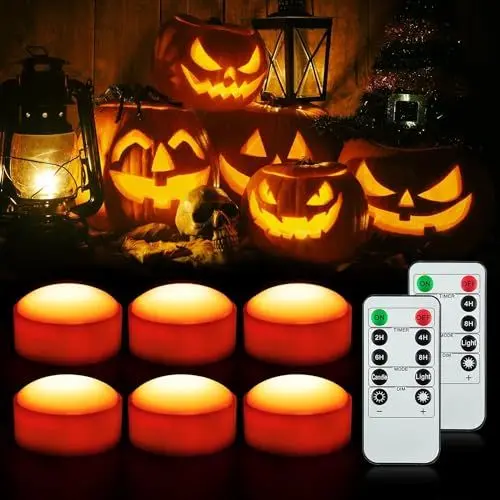 Produktbild: Litake Halloween Kürbis Lichter mit Fernbedienung, Led Kürbis Flackernde Jack-O-Lantern Lichter mit Timer, halloween deko kürbis mit Batteriebetriebene Dimmbare led kürbis licht, 6 Packs