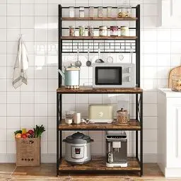 Produktbild: Litake Küchenregal - Standregal für Küche Mikrowellen-Regal mit 5 Regalebenen und 6 Haken, Küchenregal Schwarz mit Gitterplatte Küchenregale für Balkon Speisekammer Kellerraum Wohnzimmer