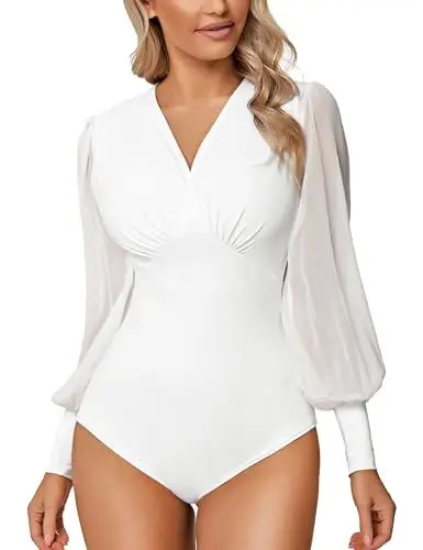 Produktbild: Litherday Damen Bodys Langarm Bodysuit für Damen Sexy Figurenformend Elegant Bodies Casual Langarmshirt Overall Blusenbody Top mit Durchsichtigen Laternenärmeln und V-Ausschnitt, Weiß, L