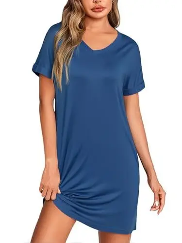 Produktbild: Litherday Damen Nachthemd Kurzarm Sommer Baumwolle Negligee Loose fit Schlafhemd Nachtwäsche Kurze Schlafshirt Nachtkleid mit Taschen Blau L