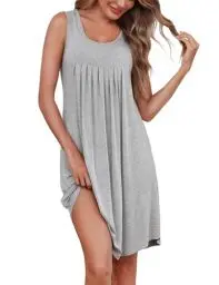 Produktbild: Litherday Damen Nachthemd Negligee Kurz U-Ausschnitt Nachtkleid Sommer Nachtwäsche mit Knopfleiste Bequeme Sleepwear Grau L