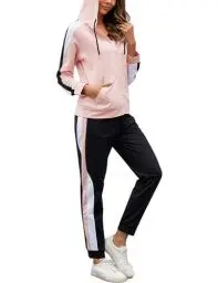 Produktbild: Litherday Jogginganzug Damen Lang Freizeitanzug Baumwolle Trainingsanzug Frauen Streifen Sportanzug, Hellrosa+Schwarz, S