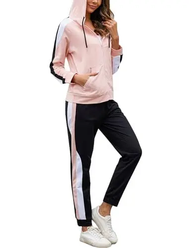 Produktbild: Litherday Jogginganzug Damen Lang Freizeitanzug Baumwolle Trainingsanzug Frauen Streifen Sportanzug, Hellrosa+Schwarz, S