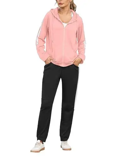 Produktbild: Litherday Jogginganzug Damen Lang Freizeitanzug Streifen Trainingsanzug Damen Set Baumwolle Sportanzug mit Taschen, Rosa, XXL