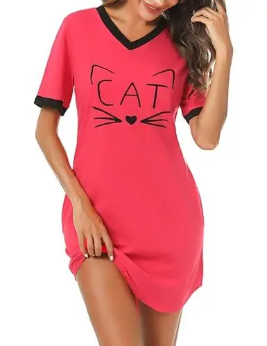 Produktbild: Litherday Nachthemd Damen Kurz Nachtwäsche Baumwolle Loungewear Katze Nachtkleid Negligee Kurze Ärmel Sleepshirt mit 2 Tasche, Rot, M