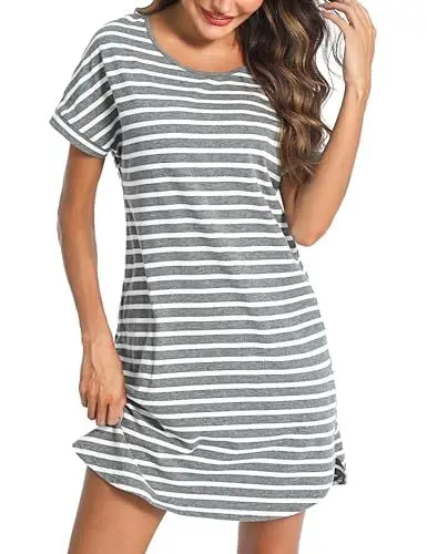 Produktbild: Litherday Nachthemd Damen Kurz Nachtwäsche Streifen Nachtkleid aus 95% Baumwolle Loungewear Negligee Kurze Ärmel Sleepshirt mit 2 Tasche, Dunkelgrau+weiß, M