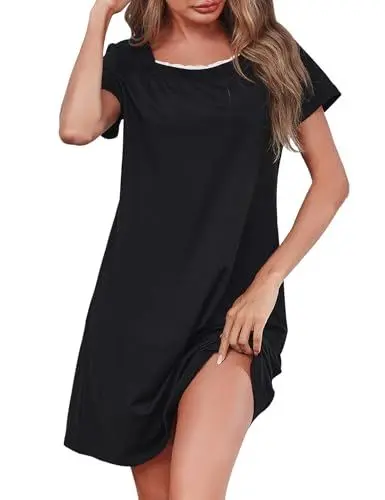 Produktbild: Litherday Nachthemd Damen Kurzarm Sommer Schlafshirt Kruz Baumwolle Negligee Sleepshirt Spitze Nachtkleid Loose Nachtwäsche Bequeme für Frauen