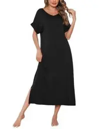 Produktbild: Litherday Nachthemd Damen Lang Nachtwäsche 95% Baumwolle Nachtkleid Rundhals Schlafshirt Loungewear Kurze Ärmel Sleepshirt