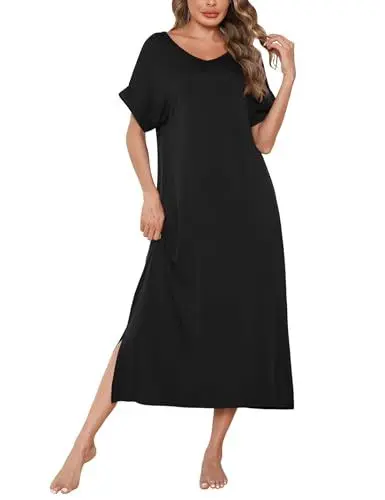 Produktbild: Litherday Nachthemd Damen Lang Nachtwäsche 95% Baumwolle Nachtkleid Rundhals Schlafshirt Loungewear Kurze Ärmel Sleepshirt