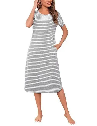 Produktbild: Litherday Nachthemd Damen Lang Nachtwäsche Kurzarm Streifen Schlafshirt aus 95% Baumwolle Loungewear Nachtkleid Sleepshirt, Hellgrau+weiß, L