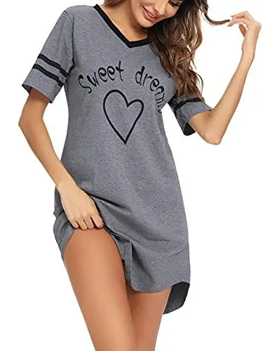 Produktbild: Litherday Nachthemd Damen Nachtwäsche Baumwolle Loungewear Nachtkleid Kurz Negligee Streifen Kurze Ärmel Sleepshirt Kurzarm V-Ausschnitt Sleepwear Bequeme Freizeitkleid, Dunkelgrau, L