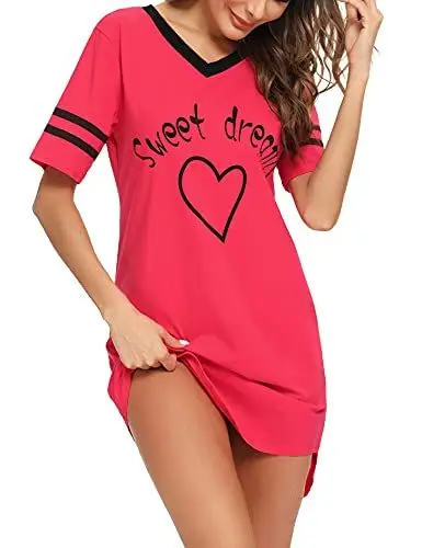 Produktbild: Litherday Nachthemd Damen Nachtwäsche Baumwolle Loungewear Nachtkleid Kurz Negligee Streifen Kurze Ärmel Sleepshirt Kurzarm V-Ausschnitt Sleepwear Bequeme Freizeitkleid, Rot, S