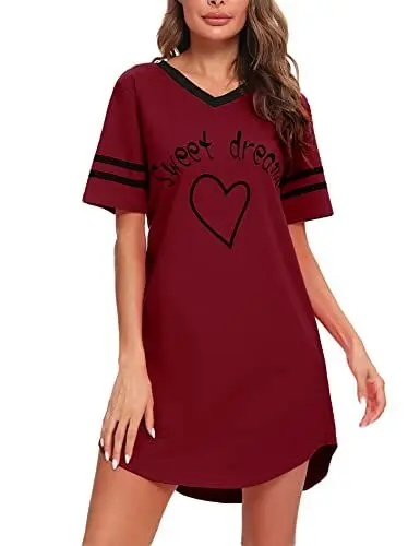 Produktbild: Litherday Nachthemd Damen Nachtwäsche Baumwolle Loungewear Nachtkleid Kurz Negligee Streifen Kurze Ärmel Sleepshirt Kurzarm V-Ausschnitt Sleepwear Bequeme Freizeitkleid, Weinrot, XXL