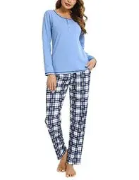 Produktbild: Litherday Pyjama Damen Lang Schlafanzug Kariert Nachtwäsche Winter Pyjama Set aus Baumwolle Zweiteiliger mit Taschen Rundhals Sleepwear für Herbst, Blau, XL