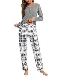 Produktbild: Litherday Pyjama Damen Lang Schlafanzug Kariert Nachtwäsche Winter Pyjama Set aus Baumwolle Zweiteiliger mit Taschen Rundhals Sleepwear für Herbst, Hellgrau, M
