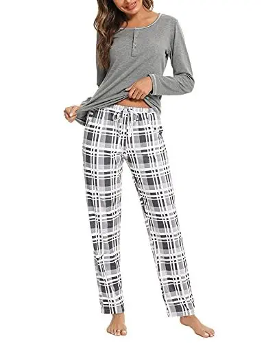 Produktbild: Litherday Pyjama Damen Lang Schlafanzug Kariert Nachtwäsche Winter Pyjama Set aus Baumwolle Zweiteiliger mit Taschen Rundhals Sleepwear für Herbst, Hellgrau, M