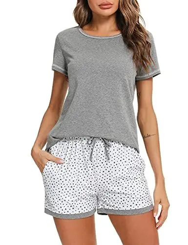 Produktbild: Litherday Pyjama für Damen, Sommer, Kurze Ärmel, Pyjama-Set, Baumwolle, Nachtwäsche, Bedruckt, kariert, bequem, weich, atmungsaktiv, A Dunkelgrau., 48