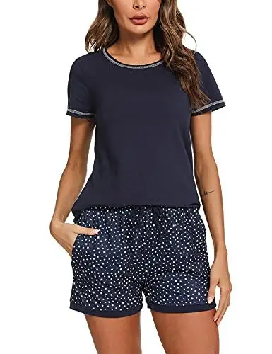 Produktbild: Litherday Pyjama für Damen, Sommer, Kurze Ärmel, Pyjama-Set, Baumwolle, Nachtwäsche, Bedruckt, kariert, bequem, weich, atmungsaktiv, A Marineblau., 38