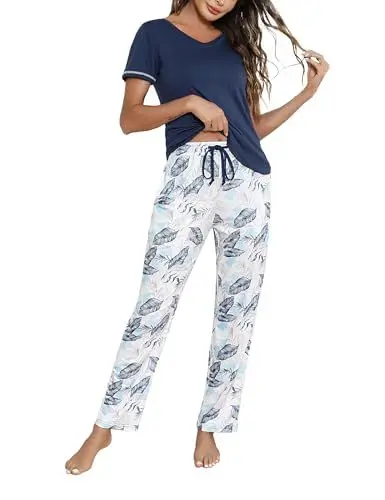 Produktbild: Litherday Schlafanzug Damen Baumwolle Pyjamas Set Kurzarm Nachtwäsche Set Zweiteiliger mit Lang Pyjamahose und Shirt Casual Elastischer Bund Sleepwear