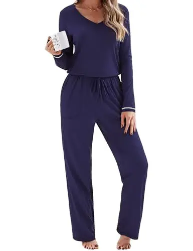 Produktbild: Litherday Schlafanzug Damen Lang Baumwolle Pyjamas Set Nachtwäsche Set Zweiteiliger Sleepwear und Pyjamahose Hausanzug Freizeitanzug