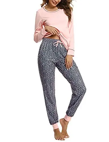 Produktbild: Litherday Schlafanzug Damen Lang Pyjama Baumwolle Nachtwäsche Winter Pyjama Set mit Sternenmuster Zweiteiliger mit Rundhals Sleepwear