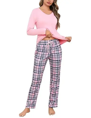 Produktbild: Litherday Schlafanzug Damen Lang Pyjama Baumwolle Pyjamas Set Langarm Nachtwäsche Set Zweiteiliger mit Damen Pyjamahose und Shirt Casual Elastischer Bund Sleepwear