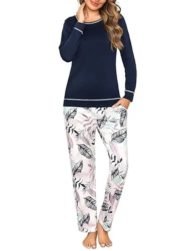 Produktbild: Litherday Schlafanzug Damen Lang Pyjama Set Blatt Schlafanzug Winter Sleepwear Nachtwäsche Baumwolle Zweiteiliger mit Taschen Rundhals, Dunkelblau, M