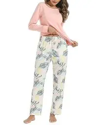 Produktbild: Litherday Schlafanzug Damen Lang Pyjama Set Blatt Schlafanzug Winter Sleepwear Nachtwäsche Baumwolle Zweiteiliger mit Taschen Rundhals, Rosa, M