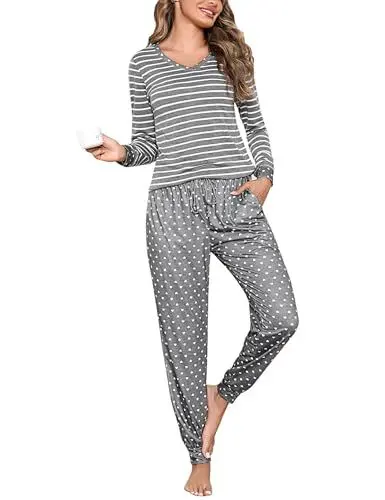 Produktbild: Litherday Schlafanzug Damen Lang Pyjama Set Zweiteiliger Streifen Schlafanzug Winter Sleepwear Nachtwäsche Baumwolle mit Taschen Rundhals, Dunkelgrau, XXL