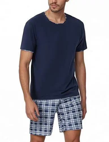 Produktbild: Litherday Schlafanzug Herren Baumwolle Kurz Pyjamaset Sommer Shorty Nachtwäsche O-Ausschnitt Zweiteilige Schlafanzüge Nachtwäsche Shorty Schlafanzug Nightwear Set mit Karierter Hose