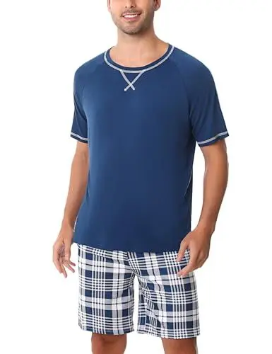 Produktbild: Litherday Schlafanzug Herren Kurz Pyjama Baumwolle Nightwear Set Shorty Sommer Kurzarm Nachtwäsche Rundhals mit Kariert Pyjamahose,Pfauenblau,XL