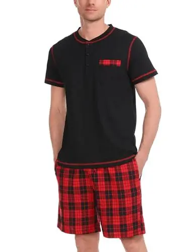 Produktbild: Litherday Schlafanzug Herren Kurz Pyjama Zweiteiliger Kurzarm Nachtwäsche aus 100% Baumwolle Pyjamas Set Sommer Sleepwear, Schwarz+Rot, L