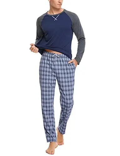Produktbild: Litherday Schlafanzug Herren Lang Kariert Pyjamas Set mit Rundhals Nachtwäsche aus Baumwolle Winter Pyjama Zweiteiliger mit Taschen Sleepwear für Frühling Herbst, Marine, M