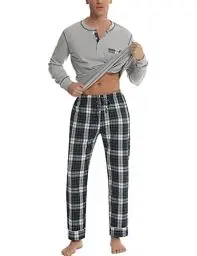 Produktbild: Litherday Schlafanzug Herren Lang Kariert Zweiteiliger Pyjamas Set mit Rundhals Nachtwäsche aus Baumwolle Winter Pyjama, Grau, XXL