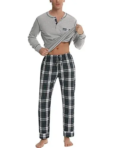 Produktbild: Litherday Schlafanzug Herren Lang Kariert Zweiteiliger Pyjamas Set mit Rundhals Nachtwäsche aus Baumwolle Winter Pyjama, Grau, XXL