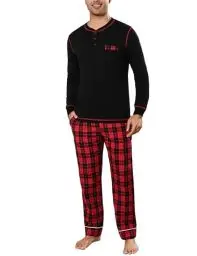 Produktbild: Litherday Schlafanzug Herren Lang Kariert Zweiteiliger Pyjamas Set mit Rundhals Nachtwäsche aus Baumwolle Winter Pyjama, Schwarz+rot, M