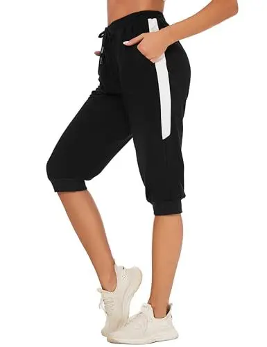Produktbild: Litherday Sporthose Damen 3/4 Jogginghose Sommer High Waist Trainingshose Streifen Freizeit Capri Hose mit Tasche Schwarz L