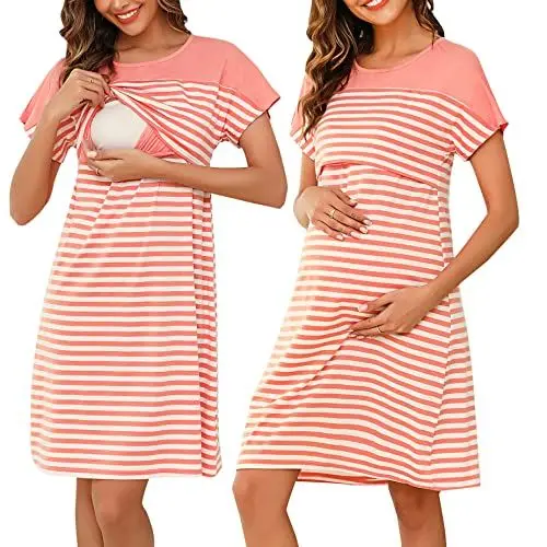 Produktbild: Litherday Stillnachthemd Damen Kurzarm Nachthemd Streifen Umstandskleid Nachtwäsche Baumwolle Nachtkleid Kurze Ärmel Rundhals Sleepwear für Schwangere oder Stillende, Rosa, XL