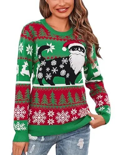 Produktbild: Litherday Weihnachtspullover Damen Ugly Christmas Sweater mit Katze und Schneeflocke Langarm Warme Strickpullover Rundhals Hässlicher Weihnachtspulli Grün XL