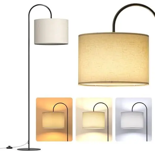 Produktbild: Lithomy Stehleuchte Wohnzimmer, LED Bogenlampe Wohnzimmer Stehlampe E27, 12W Stehlampe Schlafzimmer, Wohnzimmer Bogenleuchte mit Leinenlampenschirm und Fußschalter, Stehlampe Modern Weiß Beige