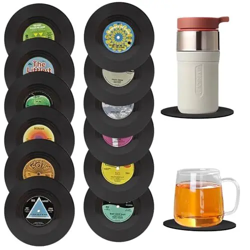 Produktbild: Lithyc 12 StüCk Vinyl Schallplatten Untersetzer,Glas Untersetzer,Untersetzer Tasse，Untersetzer GeträNke, Runde Silikon Untersetzer, Glas und Untersetzer für Bars, Kaffee, GeträNke, Tassen