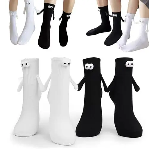Produktbild: Lithyc 2 Paar Magnetische Socken Mit Magnetarmen - HäNdchen Halten, Lustige Hand-In-Hand-Socken FüR Damen Und Herren, Weiß/Schwarz