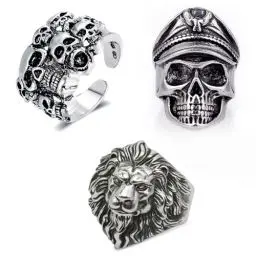 Produktbild: Lithyc 3er-Pack Totenkopf-Herrenringe, Totenkopf Ring, Ringe Herren, Totenkopf Schmuck,Verstellbare Ringe, Hip-Hop-Halloween-Biker-Ringe