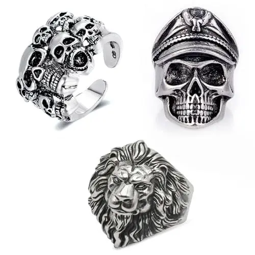 Produktbild: Lithyc 3er-Pack Totenkopf-Herrenringe, Totenkopf Ring, Ringe Herren, Totenkopf Schmuck,Verstellbare Ringe, Hip-Hop-Halloween-Biker-Ringe
